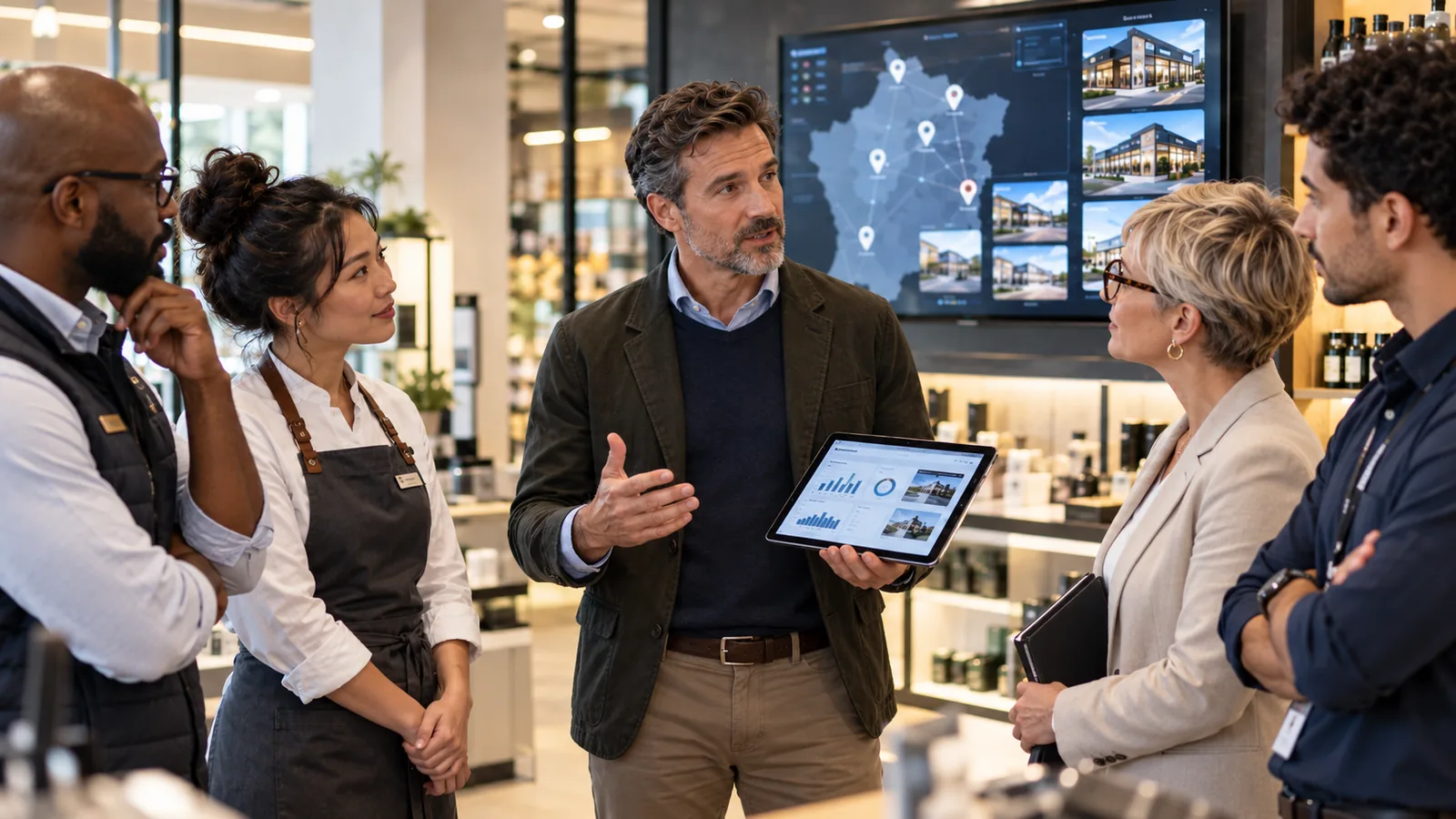 Responsable réseau présentant sur tablette les résultats de formation de plusieurs magasins à son équipe