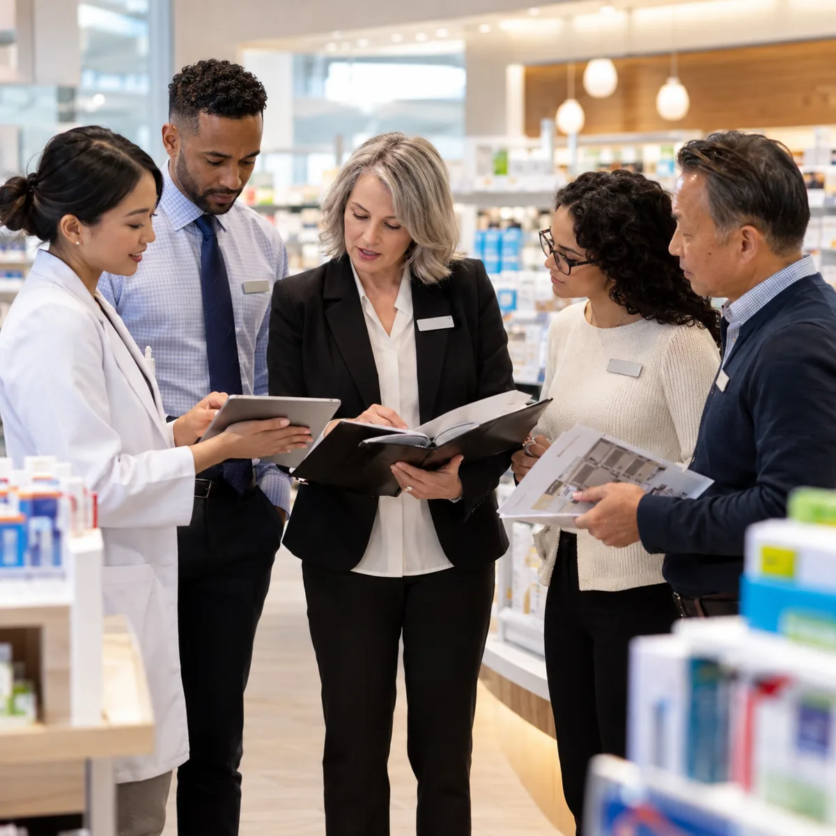 Responsable réseau passant en revue les standards avec une équipe en magasin