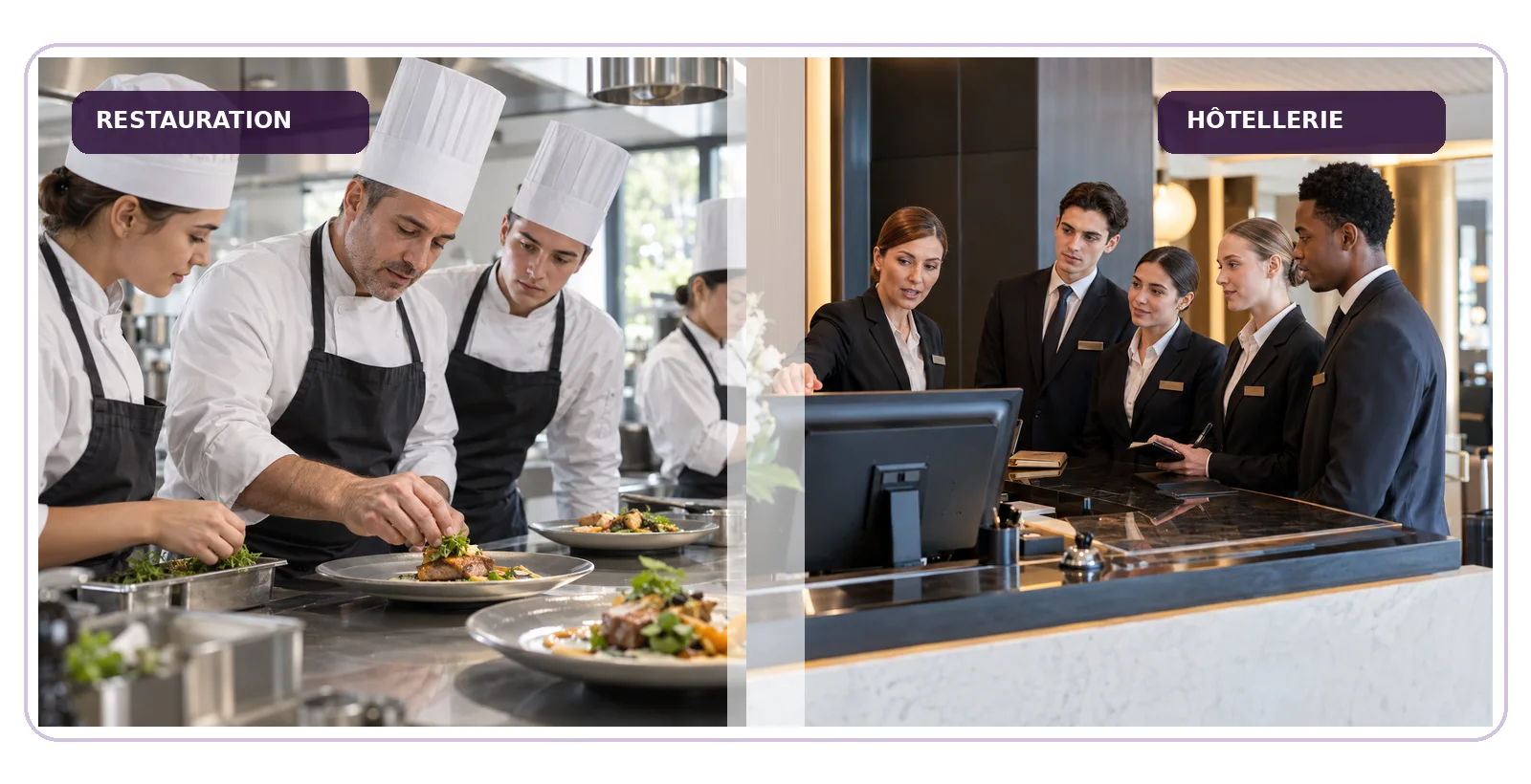 Équipe en cuisine de restaurant et équipe de réception d’hôtel à leur poste