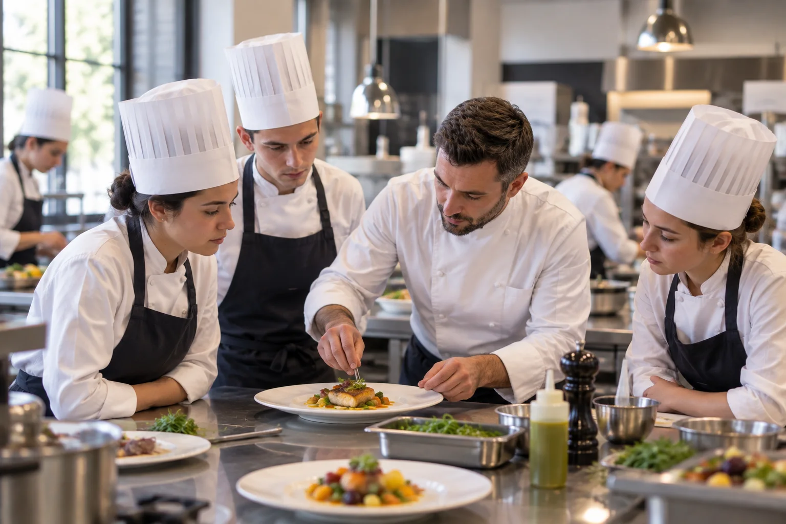Chef formateur accompagnant des étudiants lors d’un atelier culinaire