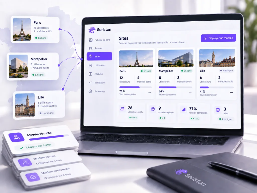 Plateforme Soriston affichant le déploiement des modules sur les sites de Paris, Montpellier et Lille