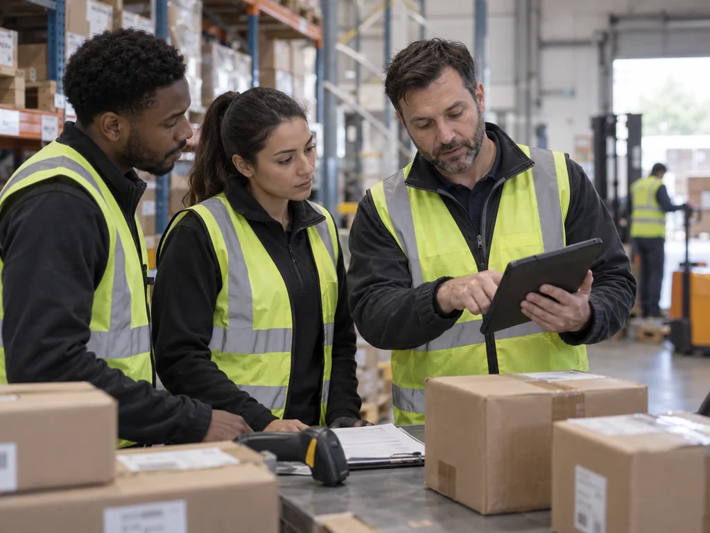 Équipe logistique en gilet de sécurité consultant une tablette dans un entrepôt