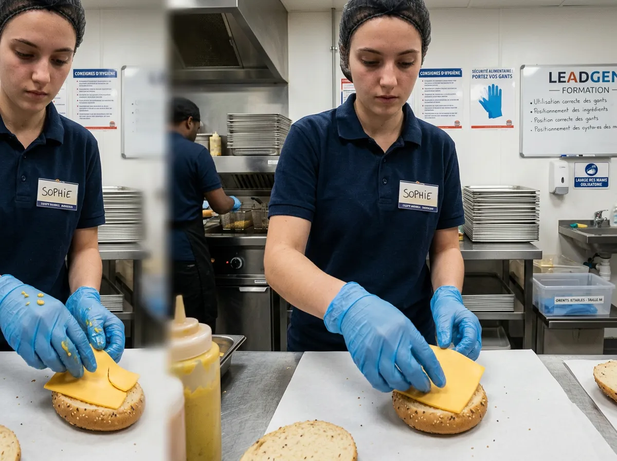 Équipe de restauration rapide en plein service, entre friteuse, dressage et nettoyage