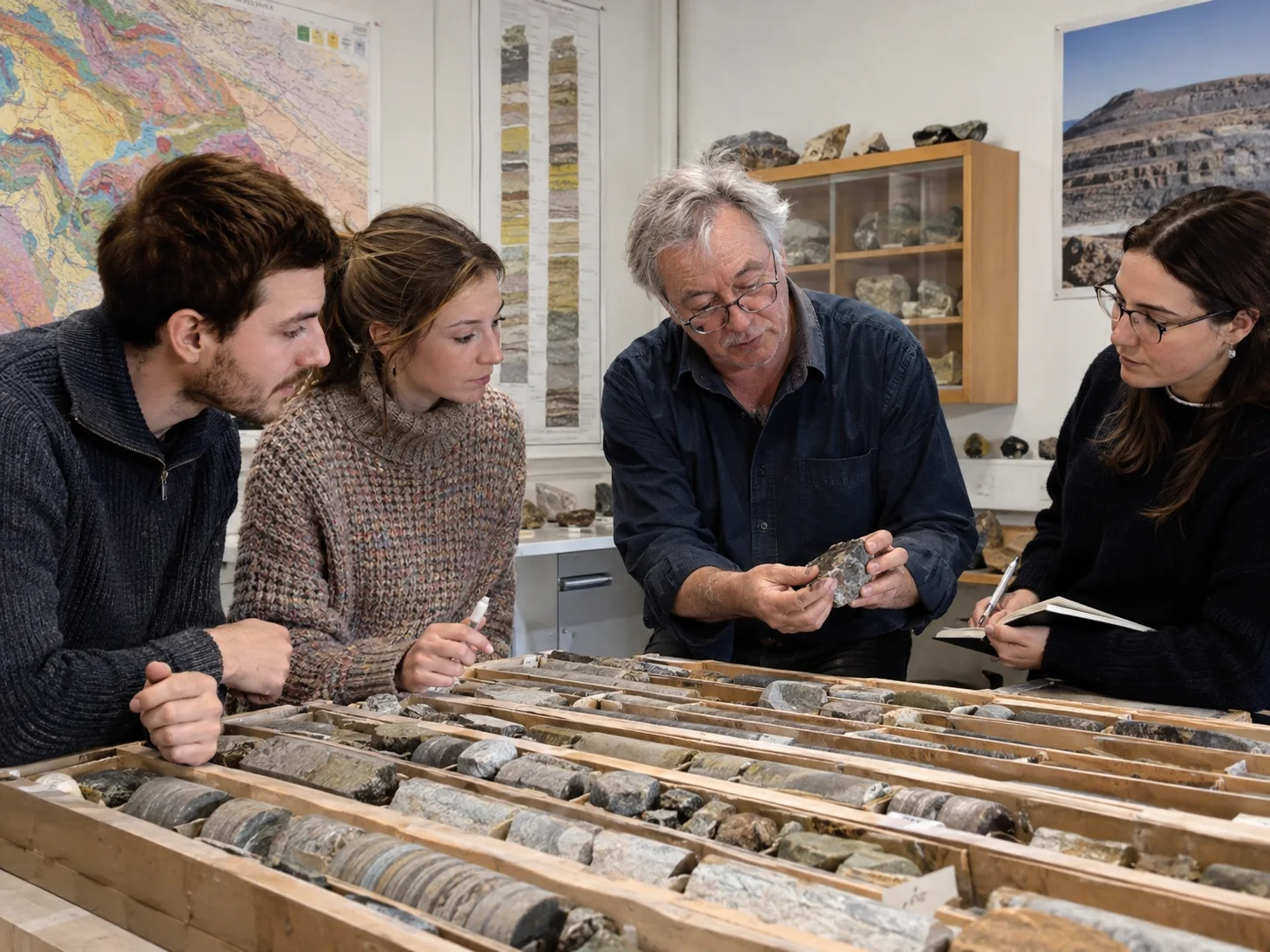 Étudiants en géologie observant des carottes d’échantillons avec leur enseignant