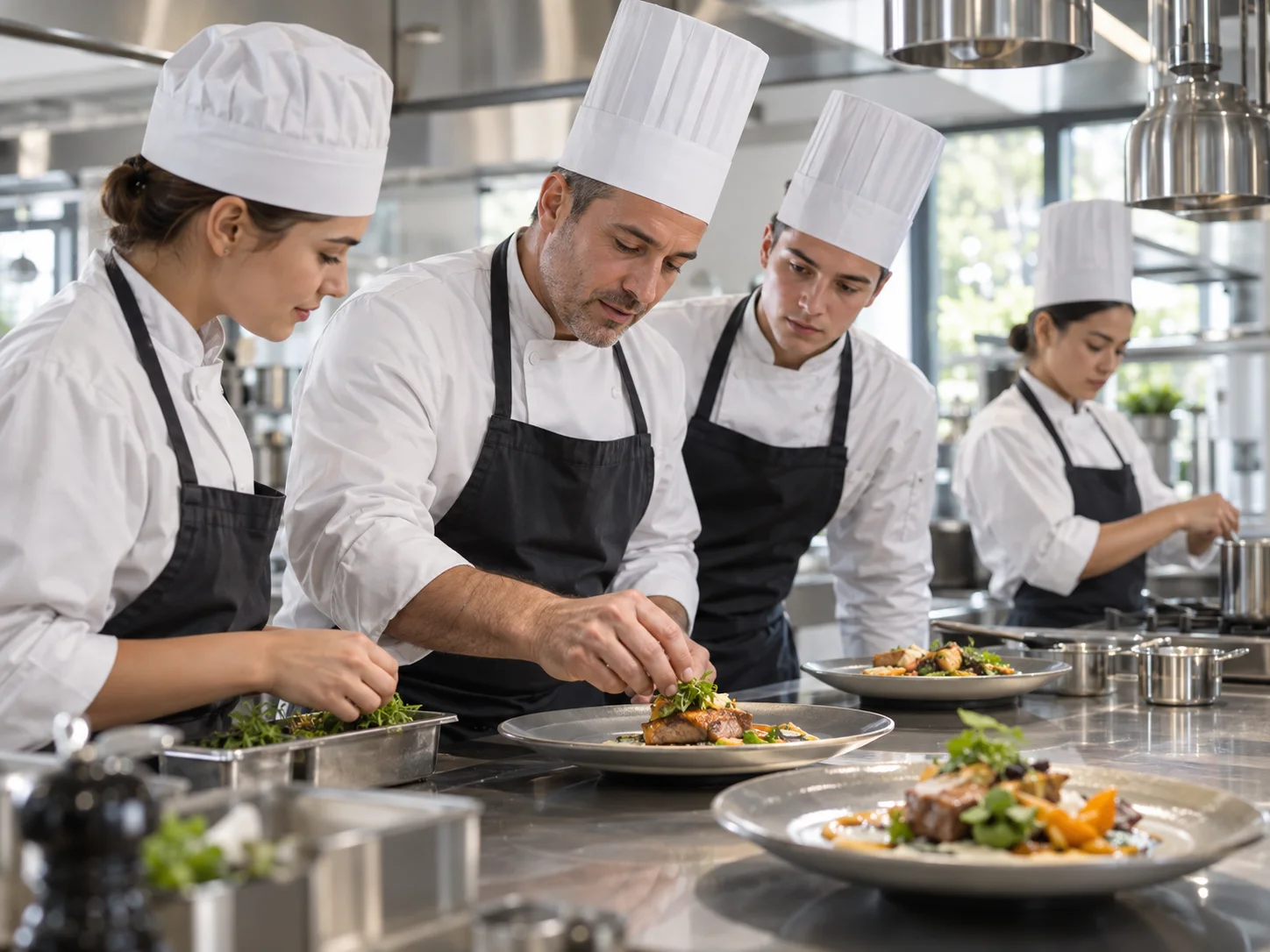 Étudiants en cuisine professionnelle avec leur chef formateur