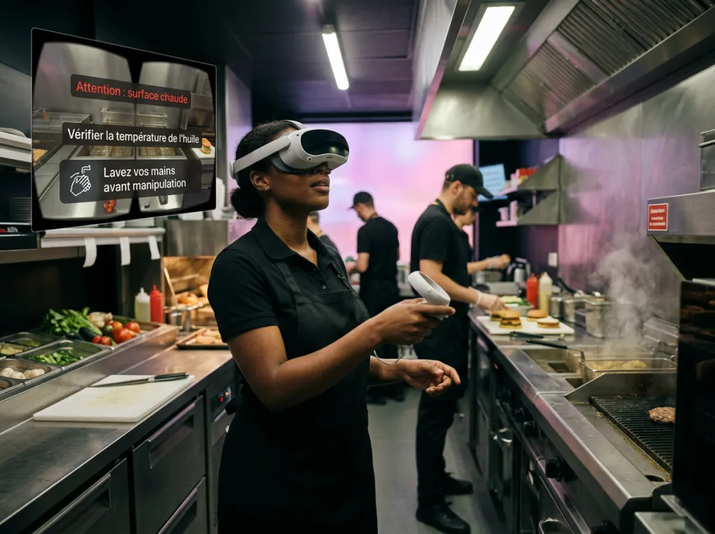 Salariée équipée d’un casque de réalité virtuelle pendant une formation en cuisine professionnelle