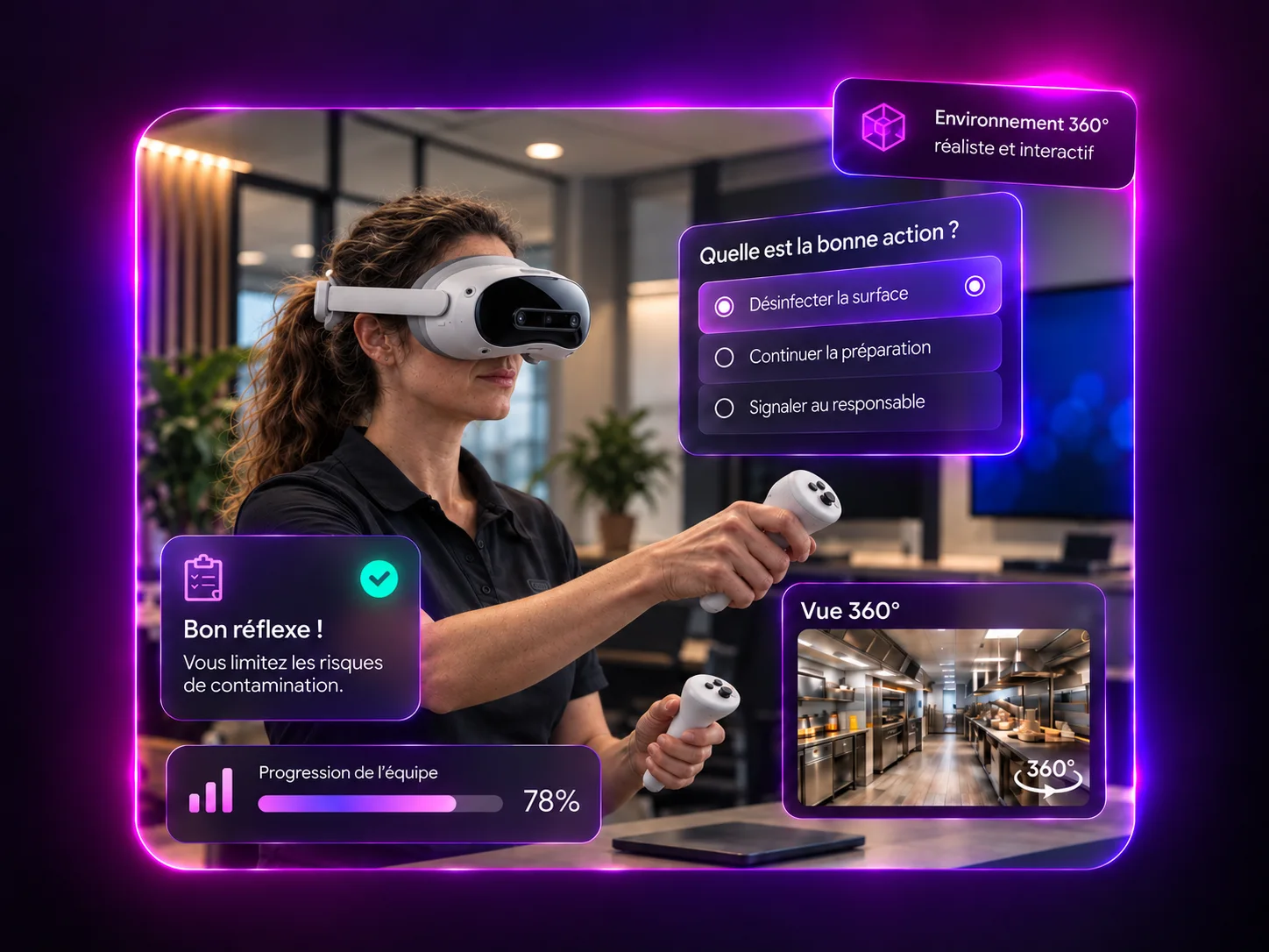Collaboratrice équipée d’un casque de réalité virtuelle face à un module Soriston avec quiz de décision et suivi de progression