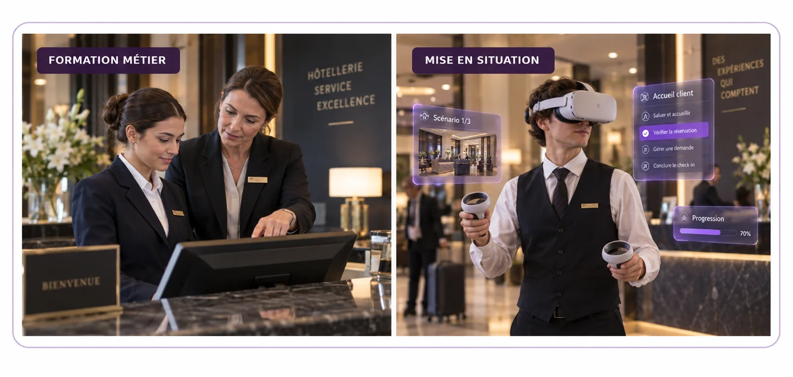Formation métier à la réception d’un hôtel, puis mise en situation avec un casque de réalité virtuelle