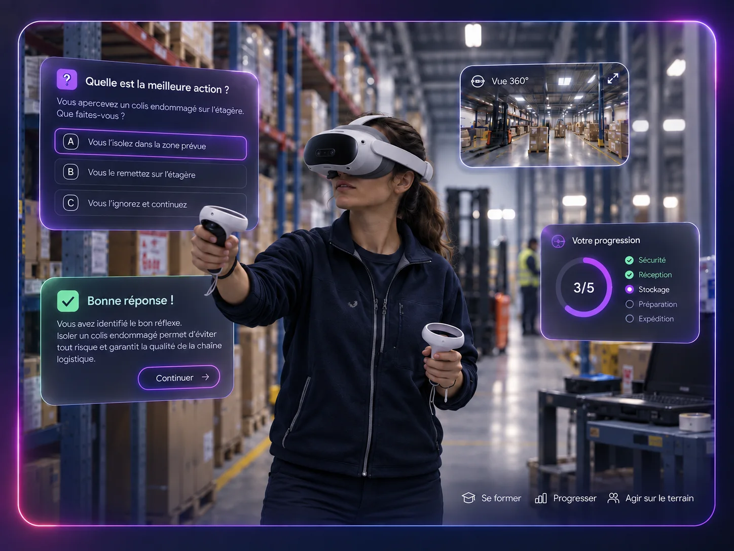 Collaboratrice en casque de réalité virtuelle dans un entrepôt, avec quiz de décision et suivi de progression affichés