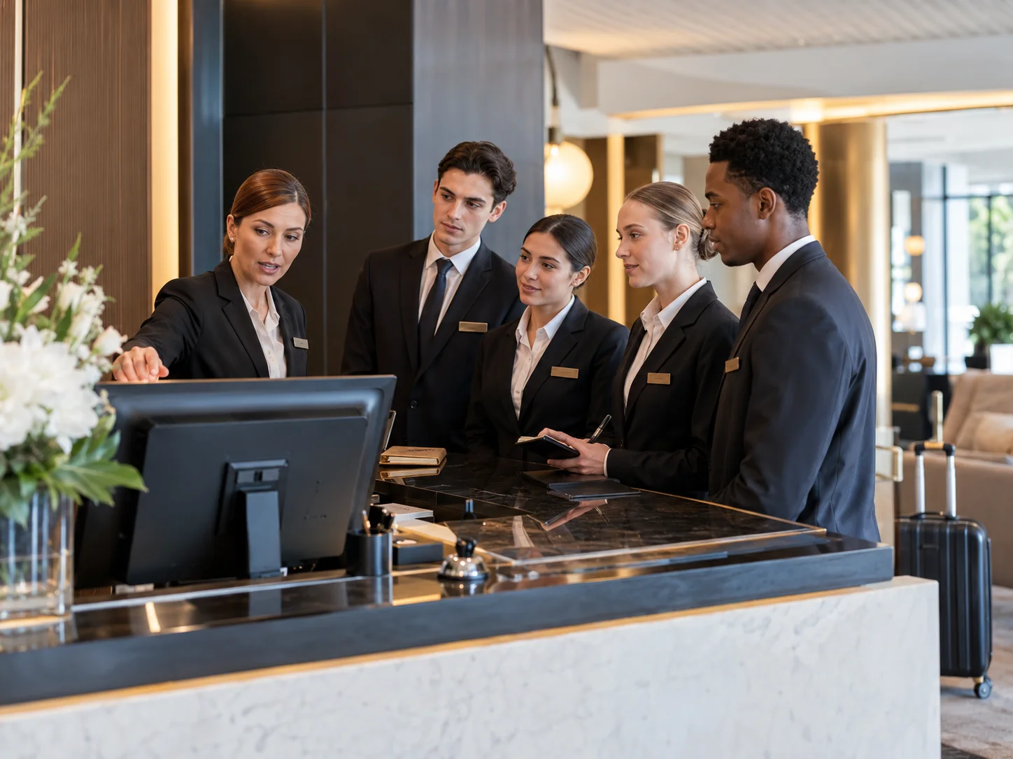Équipe de réception d’hôtel en formation autour d’un poste de travail