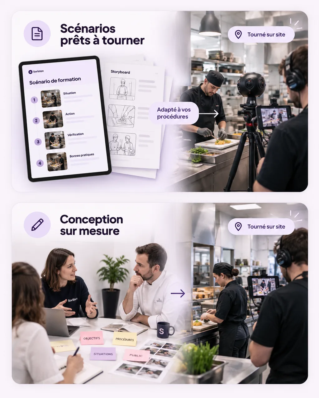 Scénarios prêts à tourner et conception sur mesure : storyboard, atelier de cadrage et tournage 360° sur site