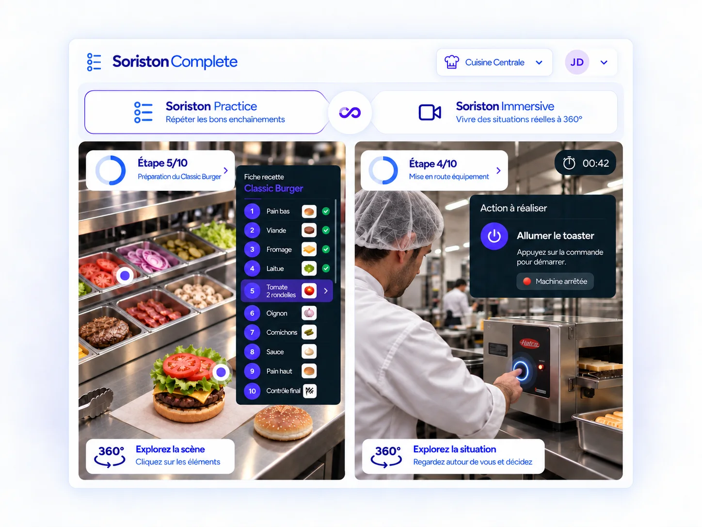 Interface Soriston Complete réunissant l’entraînement Practice et la mise en situation Immersive dans un même écran