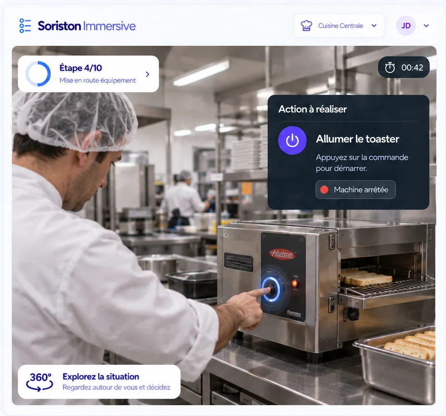 Interface Soriston Immersive : consigne affichée pendant une mise en situation filmée à 360°