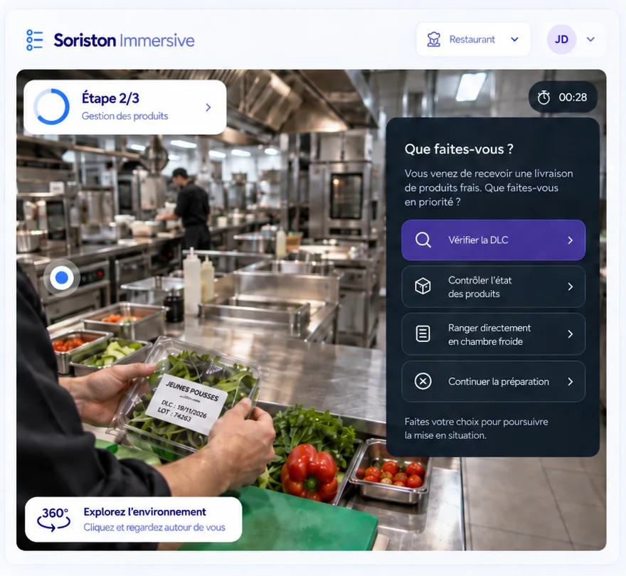 Interface Soriston Immersive : contrôle des dates limites de consommation à la réception d’une livraison, avec quatre choix possibles