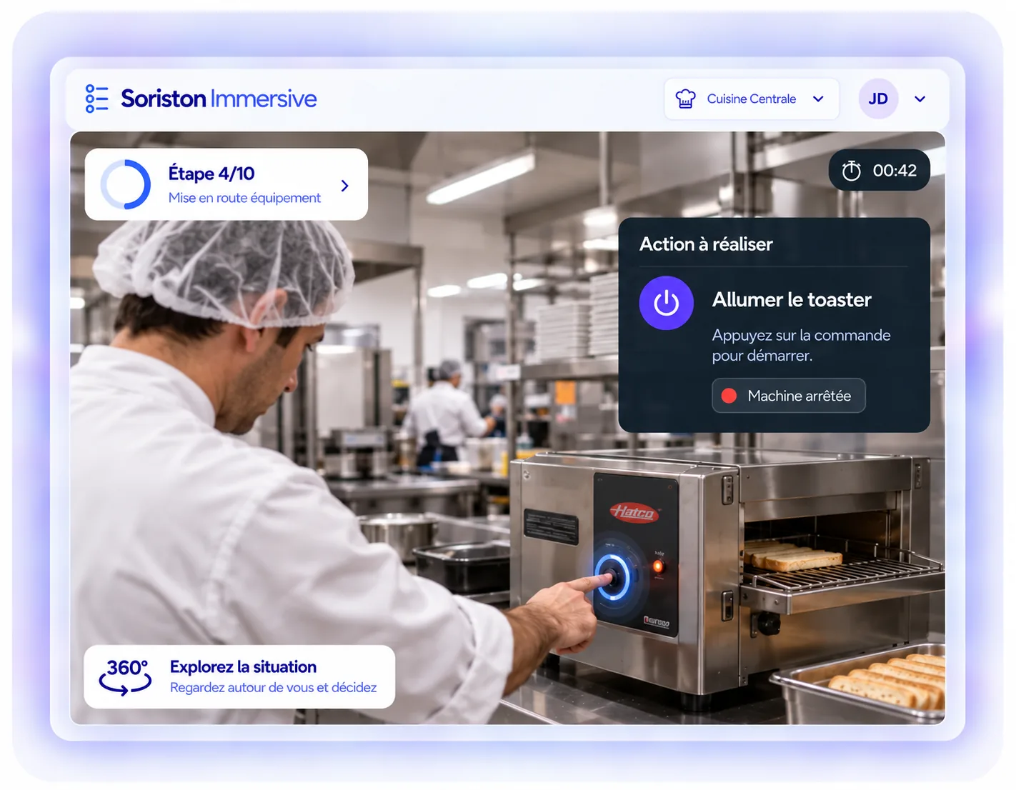 Situation de travail filmée en vidéo 360° avec une action à réaliser affichée dans Soriston Immersive