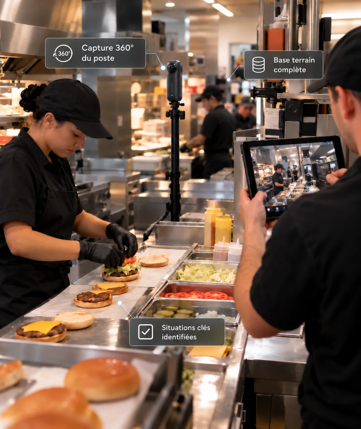 Captation 360° d’un poste de préparation en restauration : caméra sur pied, équipière au travail et consultant prenant des notes sur tablette