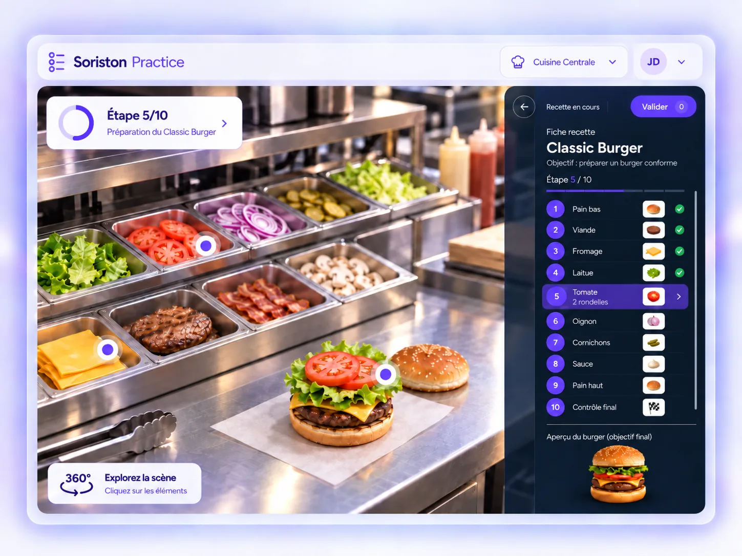Environnement de cuisine en photo 360° avec les étapes d’une recette dans Soriston Practice