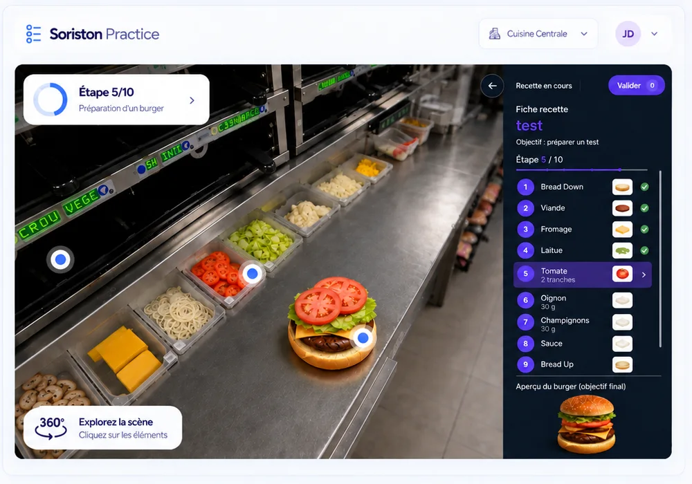 Interface Soriston Practice : fiche recette, étapes numérotées et points d’interaction sur un poste de cuisine filmé à 360°