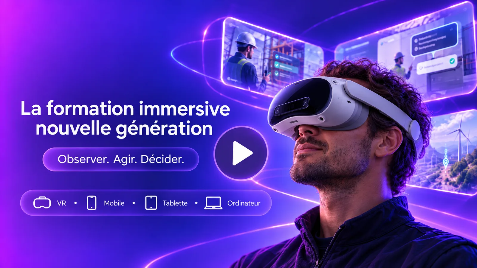Équipier en cuisine face à un toaster, avec le menu d’actions affiché dans le casque de réalité virtuelle